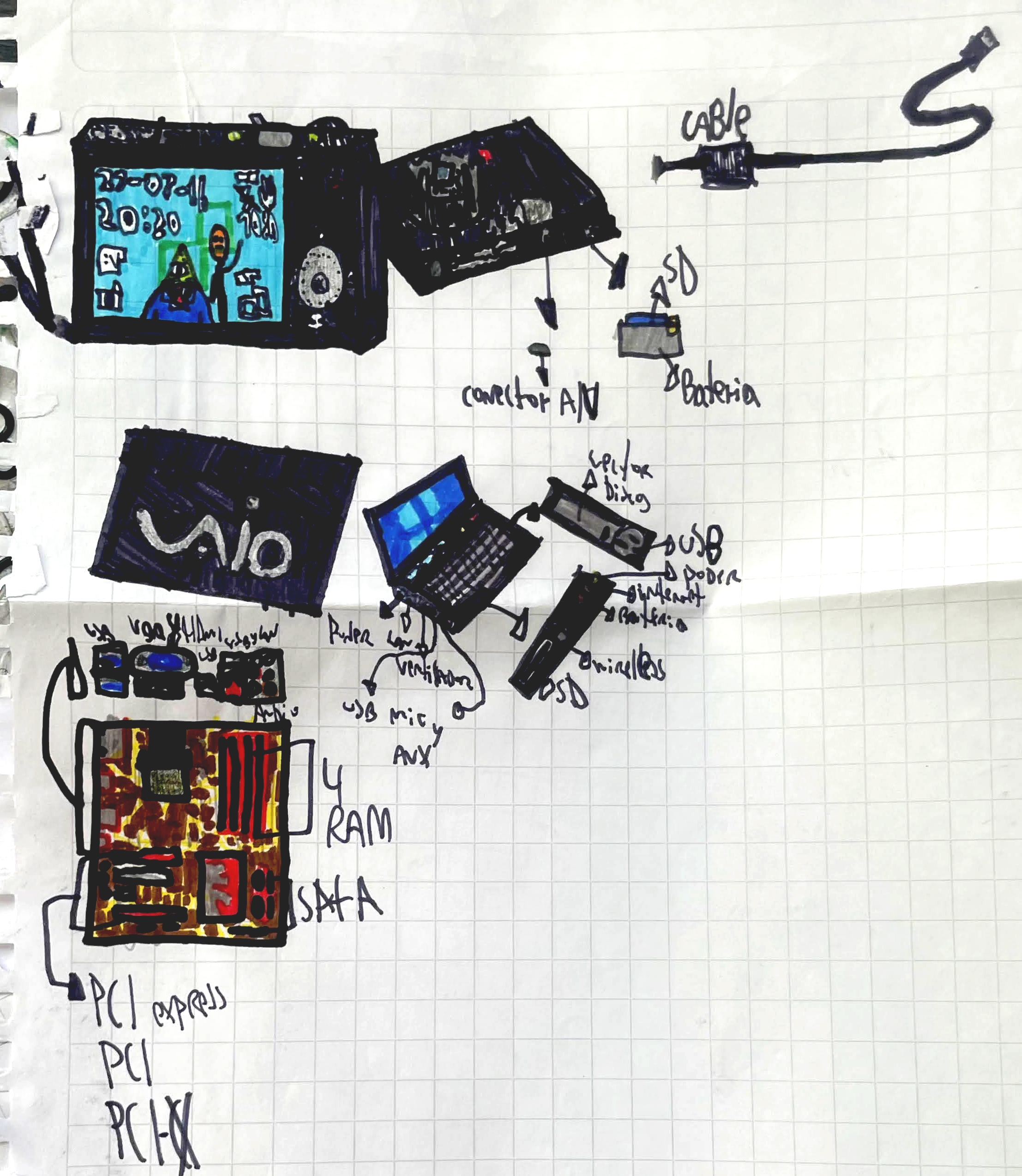 Dibujo de artículos tecnológicos que tenía en la época
