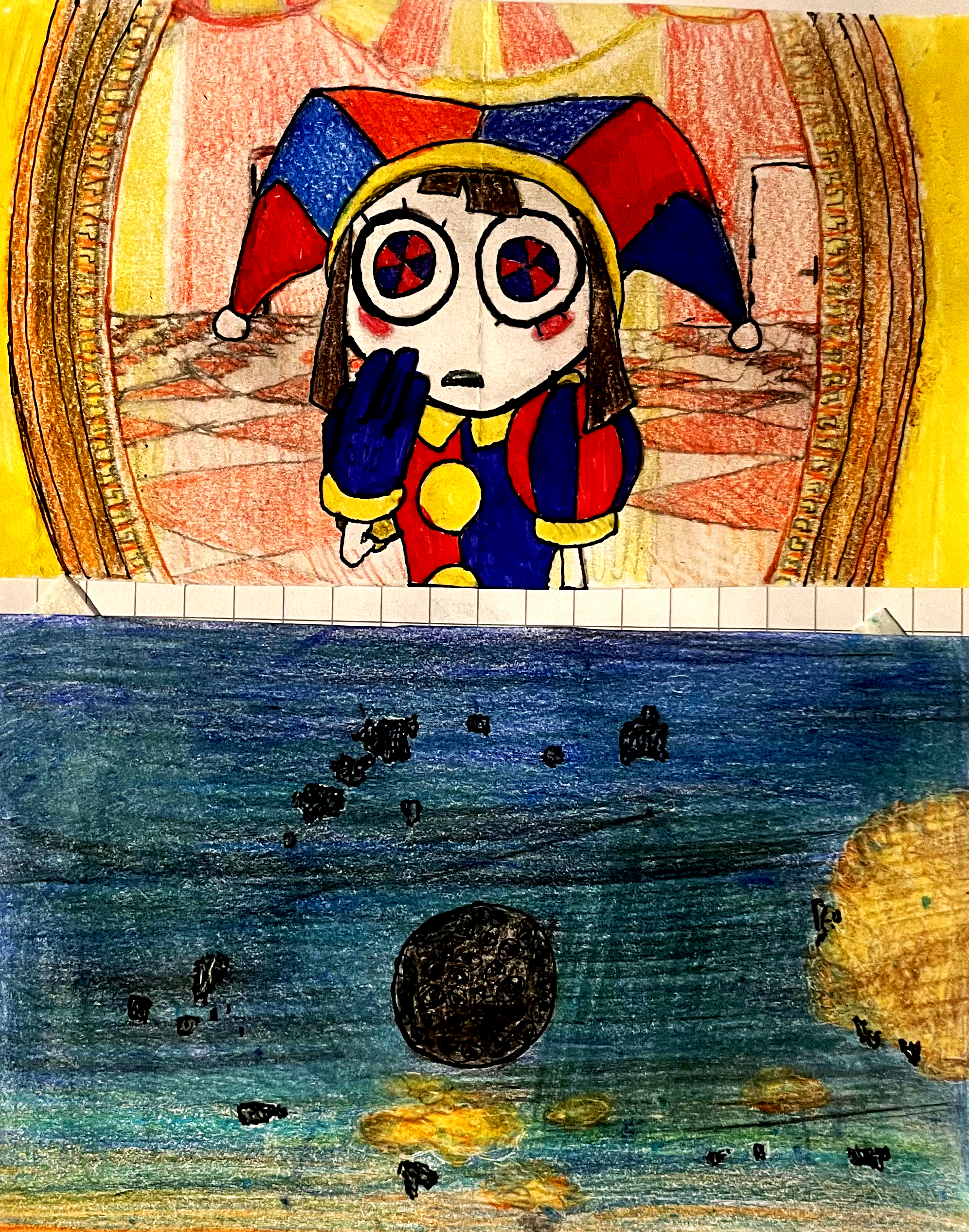 Dibujo tipo wallpaper - Pomni (El asombroso circo dígital) y Paisaje The legend of Zelda Tears of the Kingdom