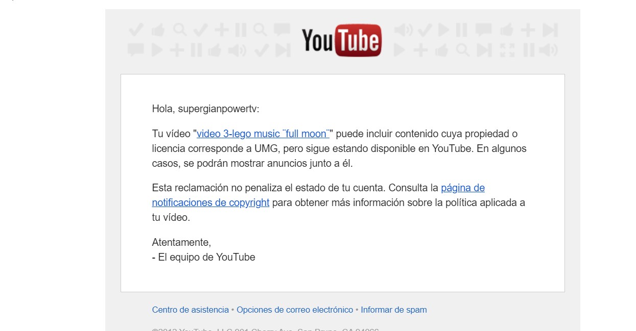 Mail de 2012 cuando subí mi tercer video